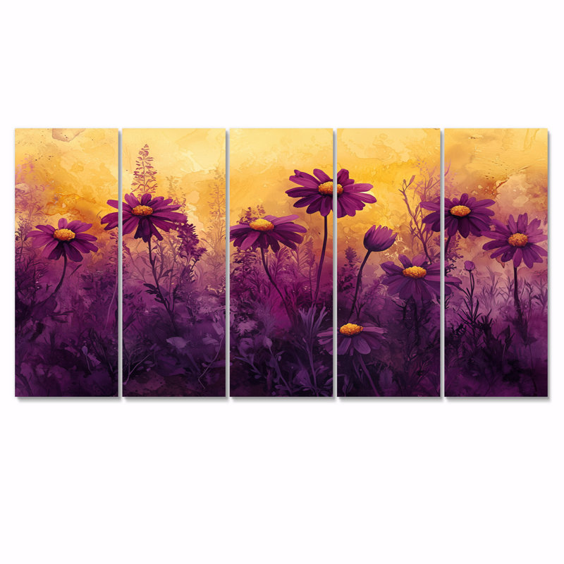 Mauve fleur de minuit champ de fleurs sauvages I - Art mural fleurs sauvages - ensemble d'art mural traditionnel 5 pièces