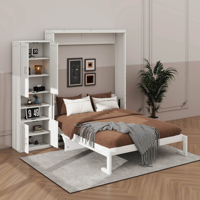 Grand lit escamotable avec armoire latérale polyvalente avec tablette de rangement et bureau