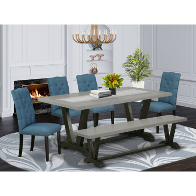 6 Piece Kitchen Table Set Contains a Rectangle Dining Table with V-Legs and 4 Blue Linen Fabric Parson Chairs with a Bench, Wire Brushed Back Finish