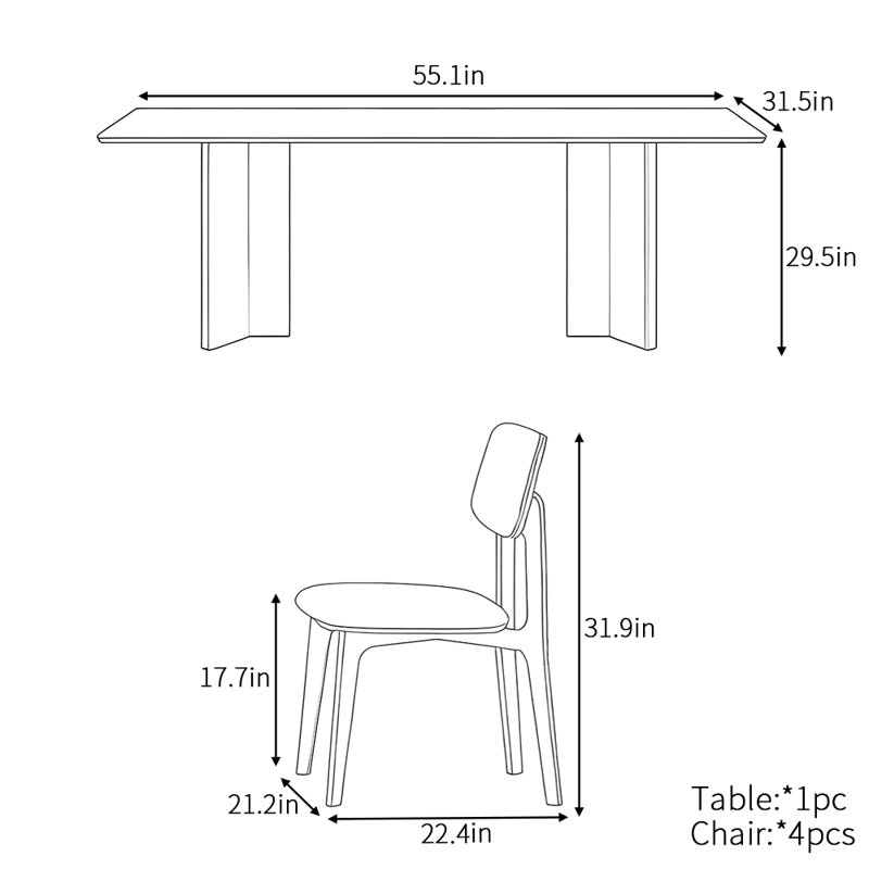 Minimalist retro rectangular dining table set, 29.5"H x 55.1"L x 31.5"W