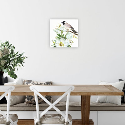 White Mangolia Bird Floral Artwork,24 X 24 Inches Canvas Wall Art Decor