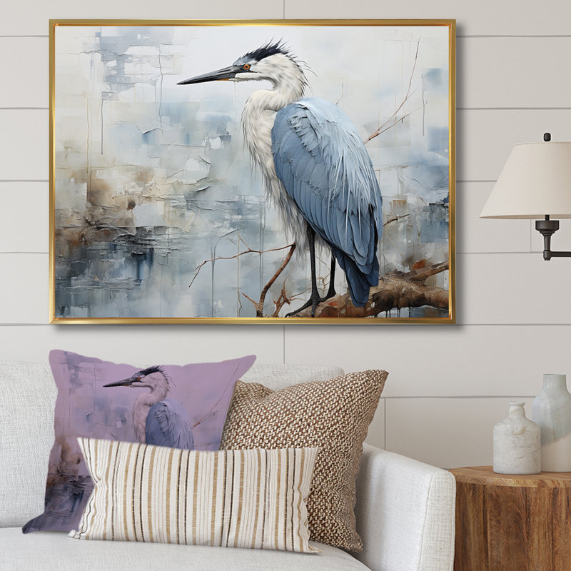«Blue Great Heron In Miminal Harmony I», art mural héron, Cadre flottant doré, H 34 po x l 44 po x P 1,5 po