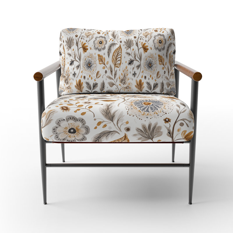 Chaise rembourrée Country Farmhouse - Fauteuil brun à motif cachemire neutre Bloom, Bras ronds bruns