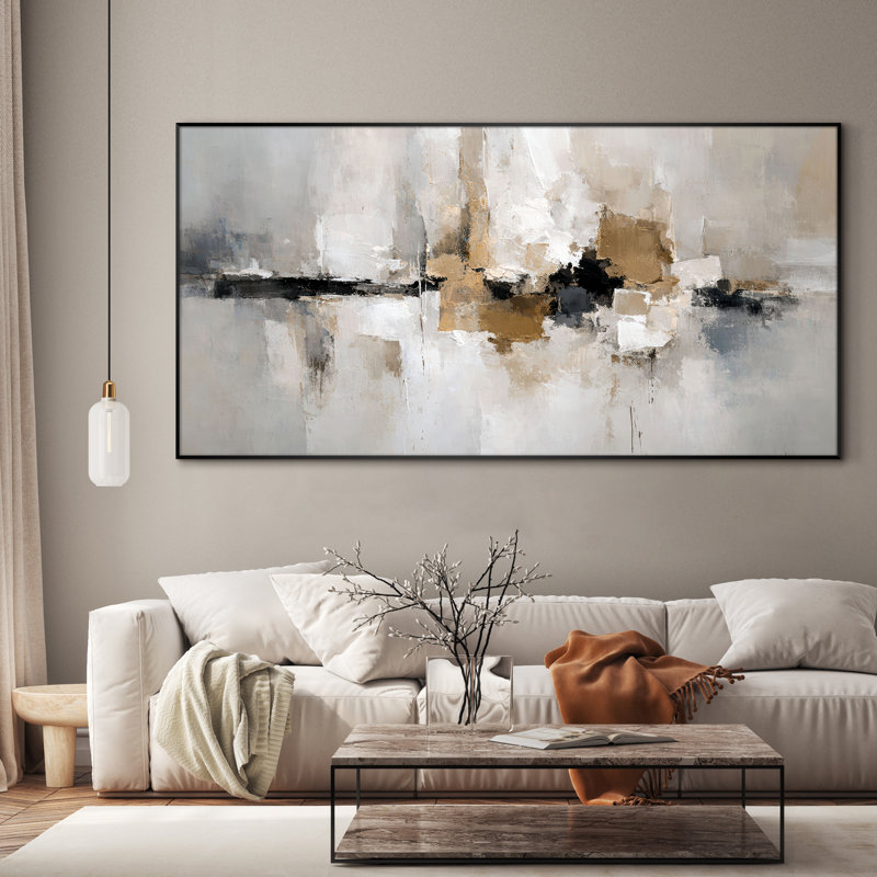 Très grand art mural imprimé sur toile - Horizon neutre abstrait doré, décor de salon contemporain - "Assemblage requis (cadre non fini)"