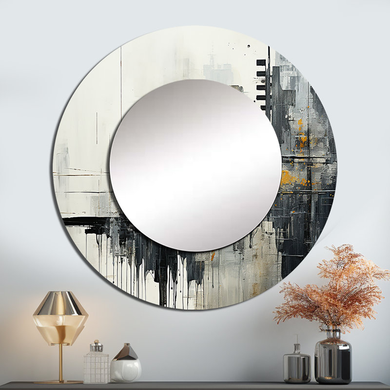 Paayal Abstract Cityscape III - miroir abstrait de collages, miroir mural rond unique jaune, impression sur métal