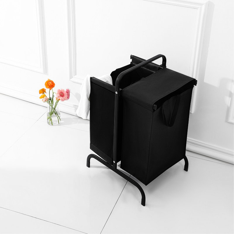 2 paniers à linge 110 L avec couvercle et cartes de tri, noir pour vêtements