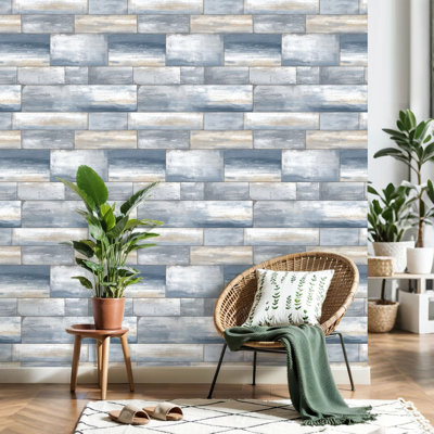 Peel and Stick Wallpaper Abstract Blue Gray Painted Wood Tile Textured Brush Strokes Contact Paper Removable Self Adhesive Wall Mural Wall Decor for Bedroom Kitchen Cabinets 24in x 118in