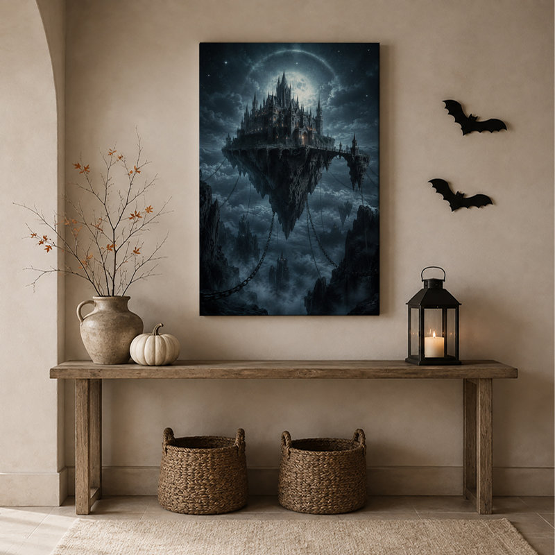 «Floating Castle Island Hanging Chains Under Halloween», art mural sur toile, H 18 po x l 12 po
