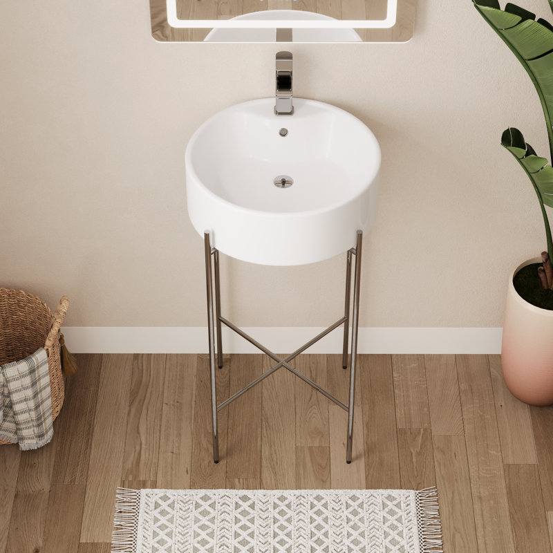 18.31" Round Console Sink with Faucet Hole, Bathroom Sink with Overflow,White Basin, Silver