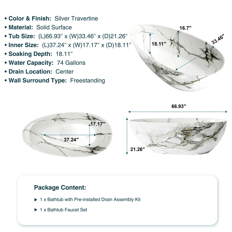 CASAINC 66"x 33" Freestanding Solid Surface Soaking Bathtub with Marble Look