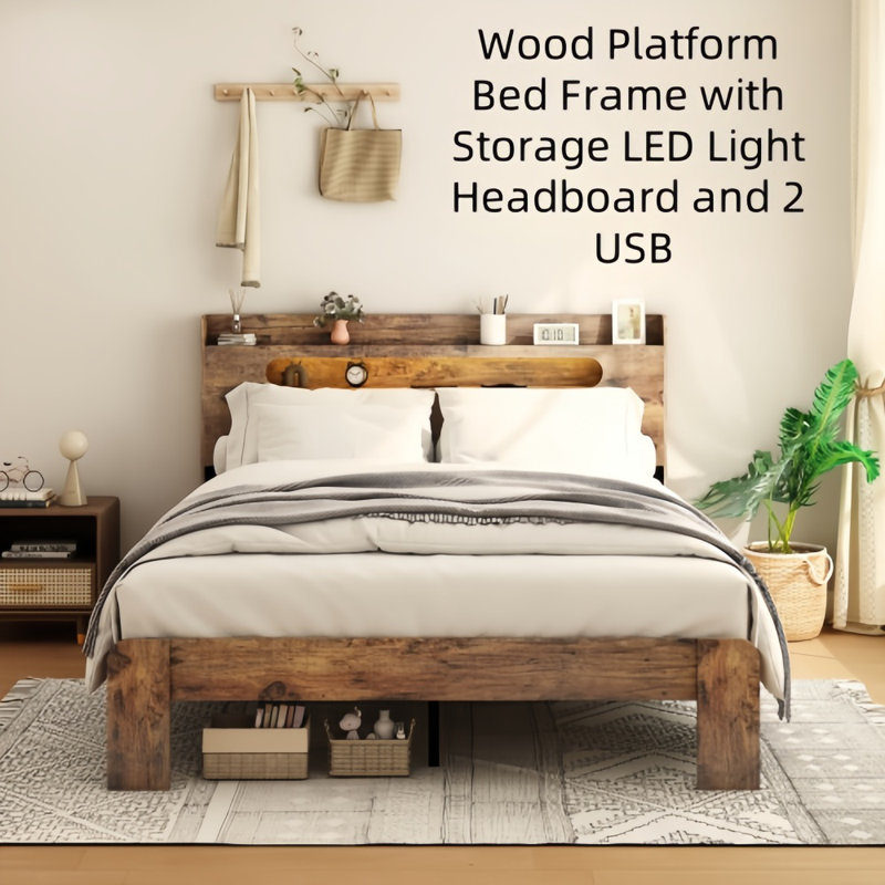 King Rustic Brown Wood Platform Bed Frame with Storage and LED Headboard
