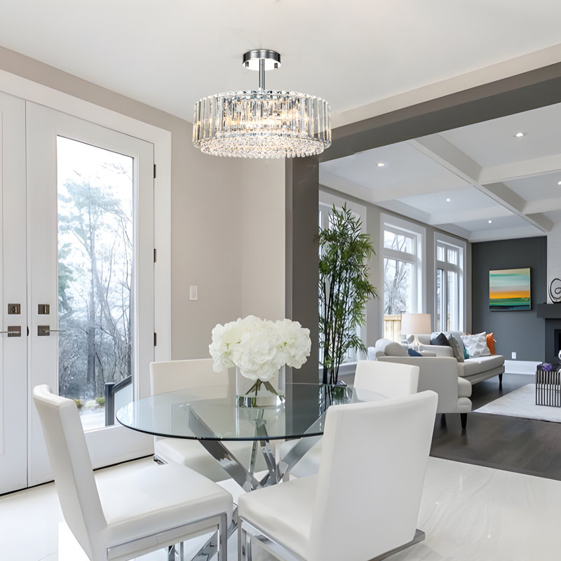 4 - Light Drum Crystal Semi Flush Mount, Polished Chrome