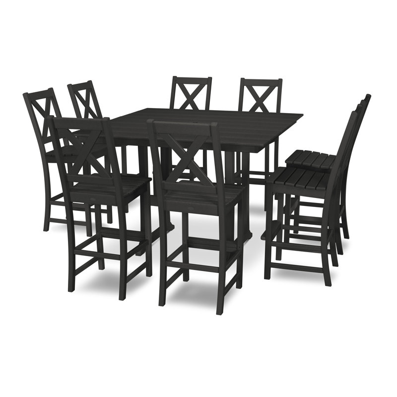 Braxton 9-Piece Farmhouse Trestle Bar Set, Black