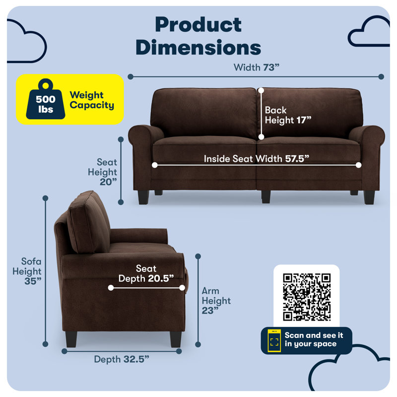 Serta Copenhagen 73" Rolled Arm Sofa, Easy Care Fabric, Soft Pillow Back, Pocket Coil Seat Cushions, Rye Brown Microsuede