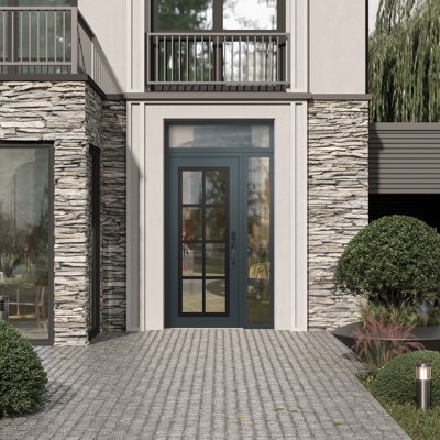 C16 gauche 48 po X 96 po Panneau d'entrée en verre noir anthracite et anthracite à panneau avec porte d'entrée avant pré-montée en verre Sidelite et Transom