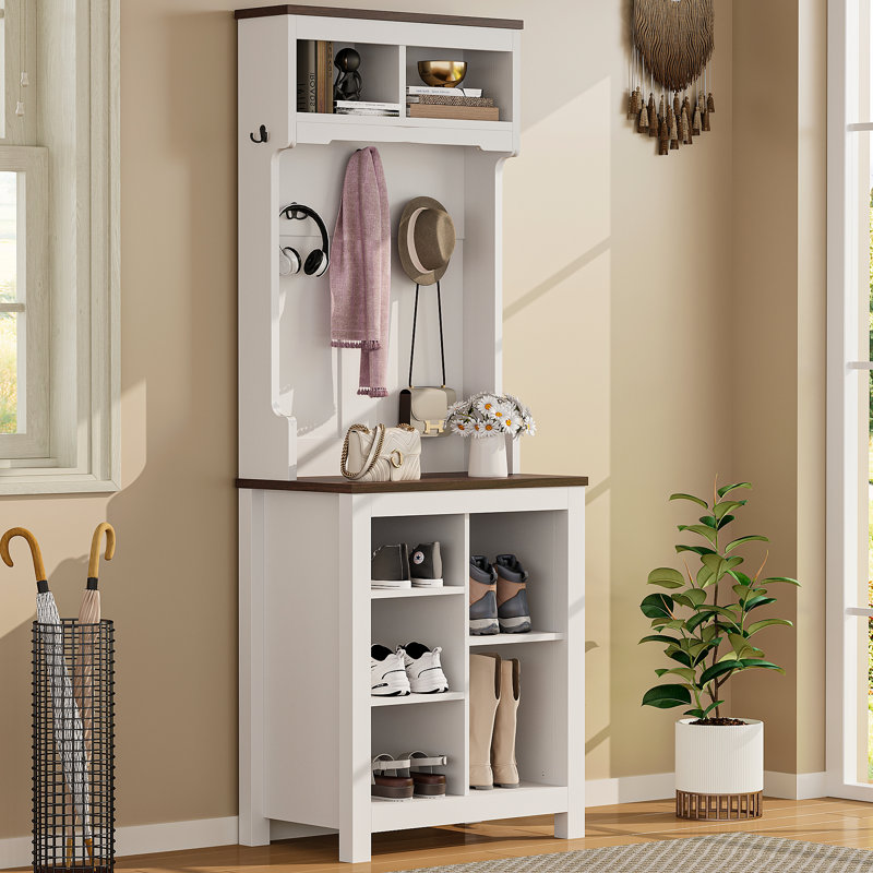 23.6” Wide Farmhouse Style Entryway Hall Tree With Open Shoe Storage, Coat Rack And LED Lights