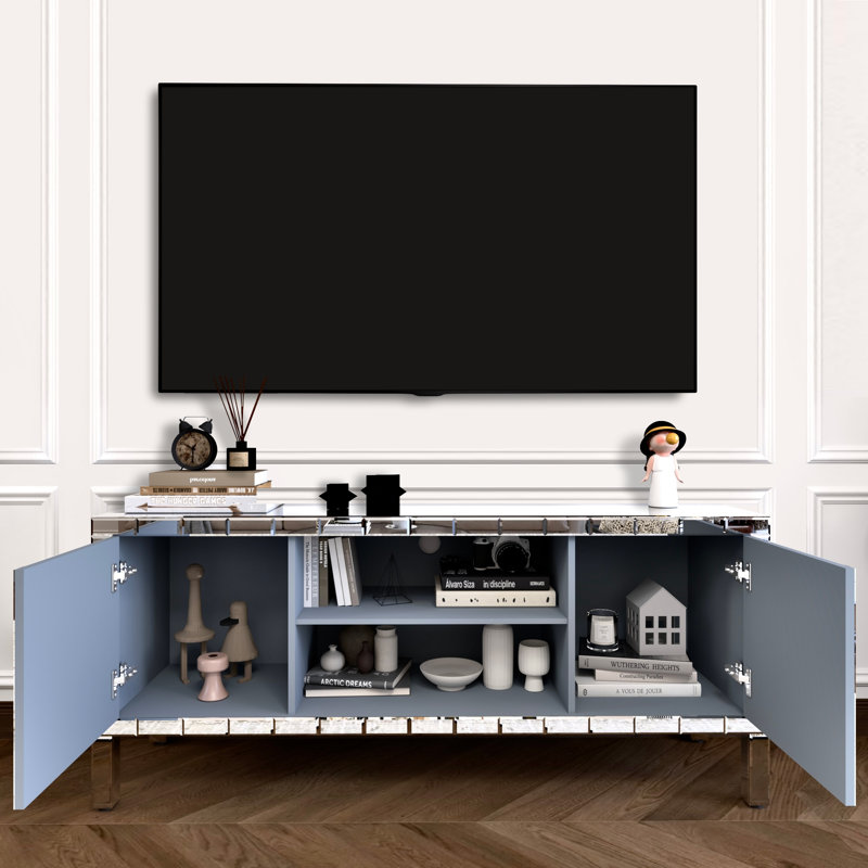 Alan Mirrored TV Stand with Crushed Diamond Doors & Adjustable Shelves
