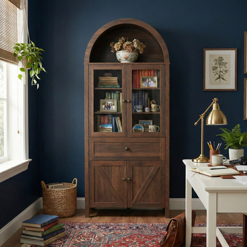 72" Arched Top Display Cabinet With Plastic Doors, Vintage Freestanding Bookshelf With Drawer & Storage, Walnut, Walnut