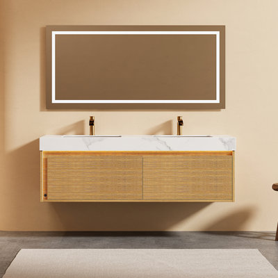 Meuble-lavabo flottant avec comptoir en pierre frittée, lavabo en céramique et capteur DEL