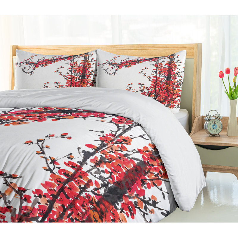 Twin Red and White Cherry Blossom Microfiber Duvet Cover Set
