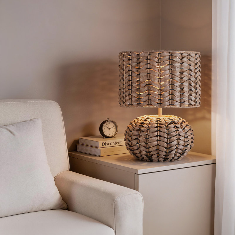 15.67" Brown Boho Table Lamp with Round Sphere Woven Base