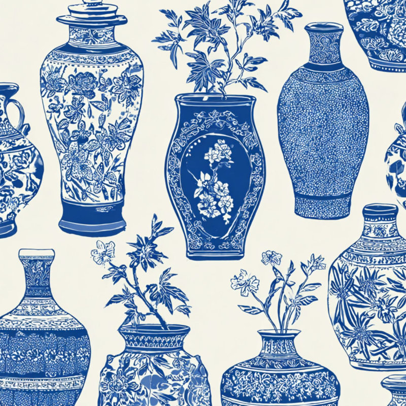 Papier peint à peler et coller avec vases en porcelaine bleu et blanc à motif floral traditionnel auto-adhésif et amovible 24 po x 118 po (60 x 300 cm)