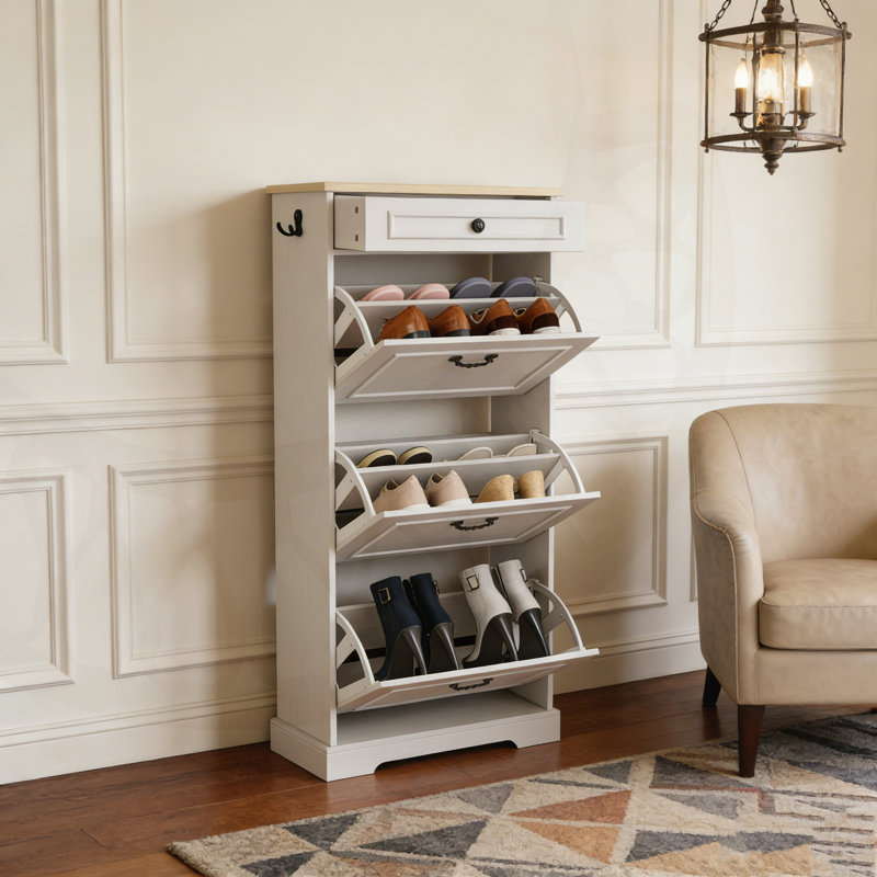 Armoire à chaussures mince et autoportante avec tablettes réglables, 3 tiroirs rabattables et tiroir de rangement supérieur pour l'organisation du vestibule.