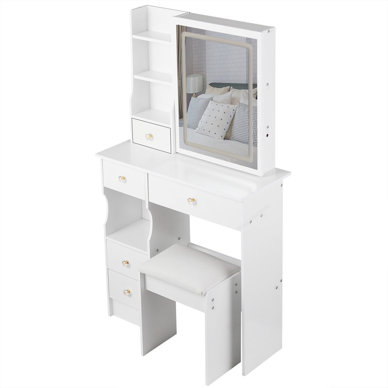 29.2" Small Size Left Drawer Desktop Vanity Table + Cushioned Stool, White