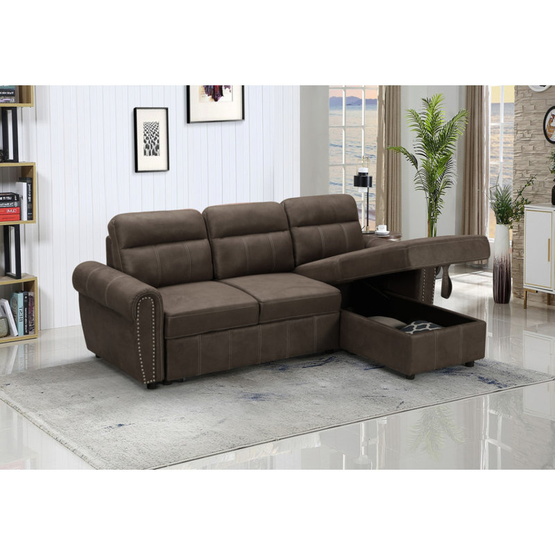 Modern Sofa Ashton 96" Saddle Microfiber Reversible Sleeper Sectional Sofa Chaise