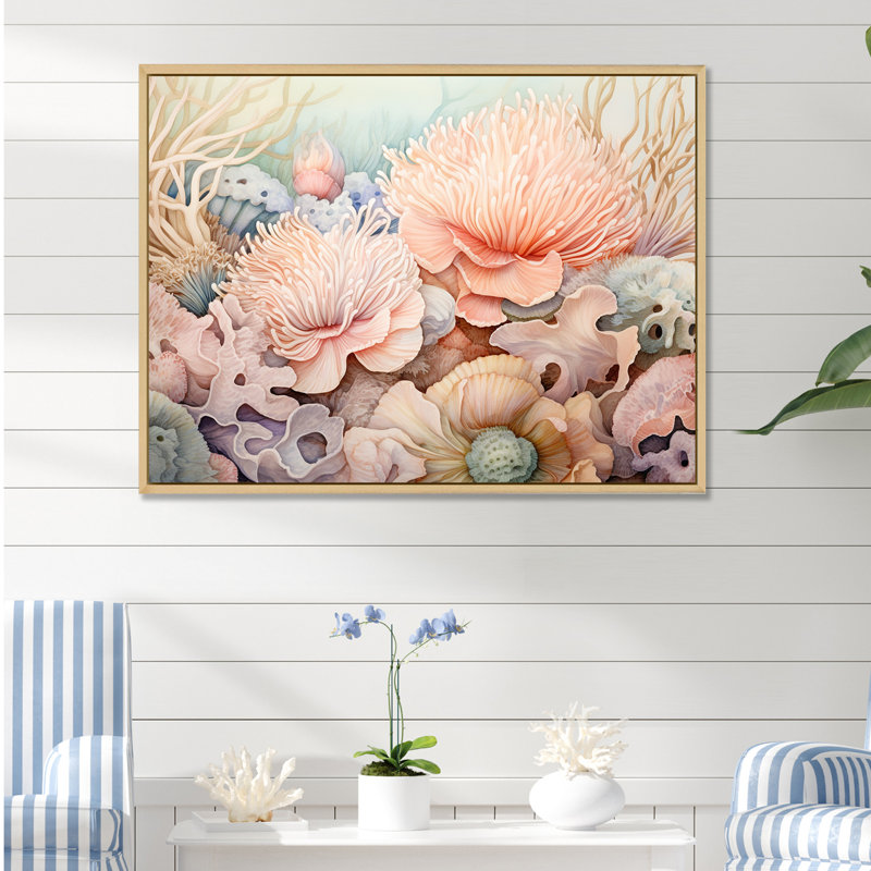 Anémone de mer pastel élégant I, Cadre naturel flottant, H 34 po x l 44 po x P 1,5 po