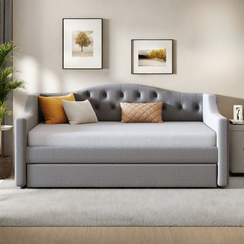 Modern Upholstered Daybed With Led Belt, Trundle And Button Tufted Design, Gray