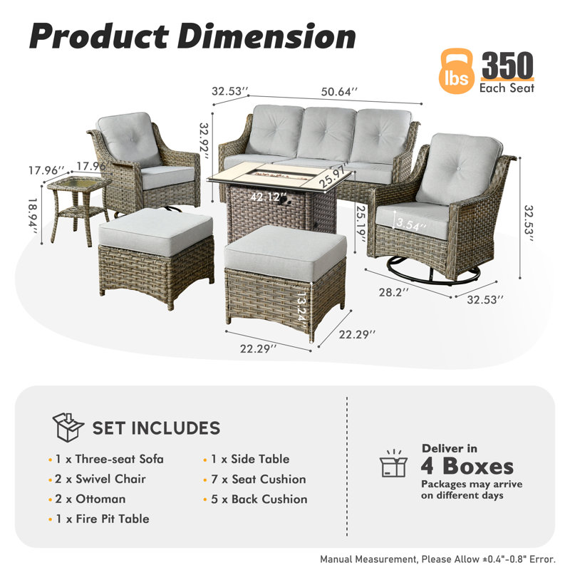 Emanuell 5 - Person Wicker Outdoor Conversation Set, Patio Sofa & Swivel Chair Set with Fire Pit and Cushions, Light Gray