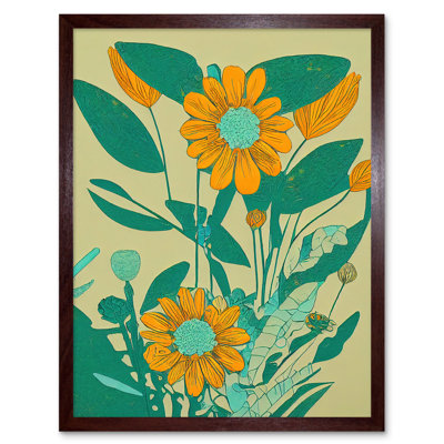 Yellow Flower Painting Turquoise Colourful Bold - Print