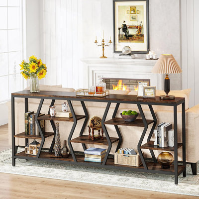 70.9 Inches Industrial Console Table With 4 Tier Storage Shelves For Narrow Entryways And Hallways, Rustic Brown Finish