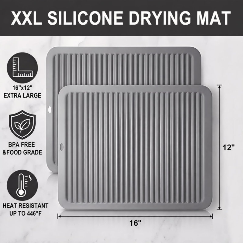 Très grand sous-pied en silicone, coussinets chauffants pour la cuisine - Coussinets chauffants résistants à la chaleur pour comptoir de cuisine à 446 ° F, 2 poignées pour la cuisine, gris
