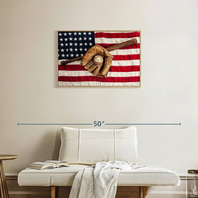 Drapeau américain de l'équipement de baseball, Cadre flottant en bois naturel, 31 po x 21 po