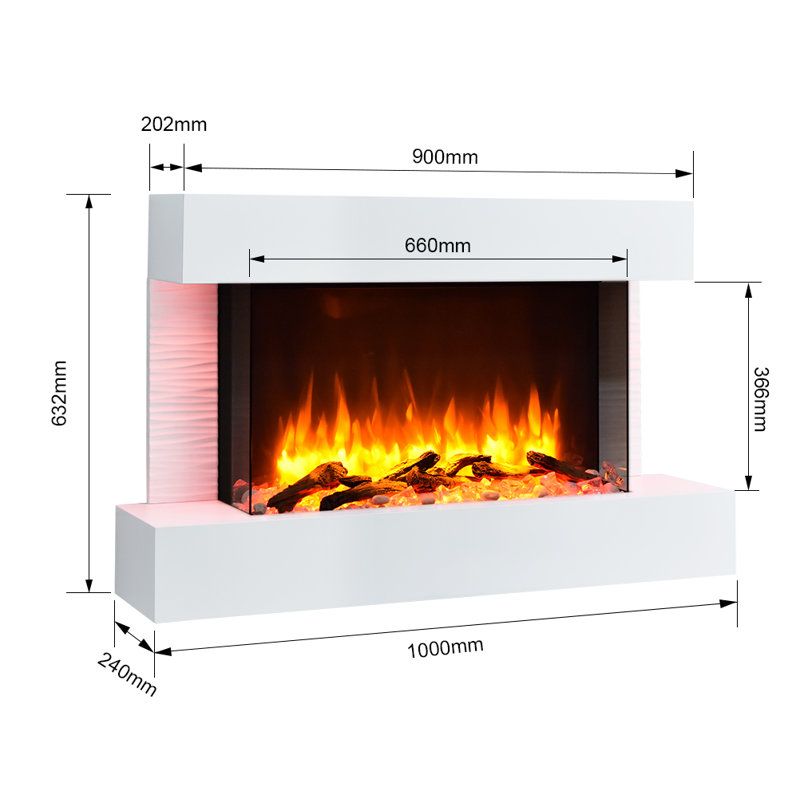 KINGSTON FLAMME Electric Fireplace with, 60cm H x 99cm W x 25cm D, White