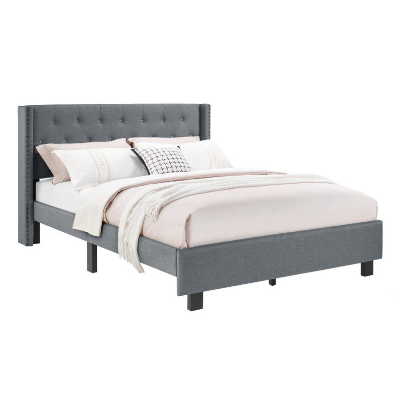 Upholstered Bed Frame with Wingback Tufted Headboard, Gray, Queen