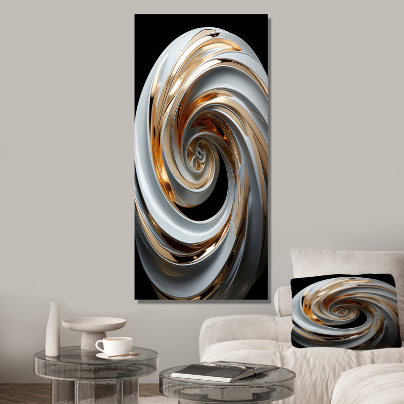 «White and Gold Spiraling Abstraction», art mural abstrait en spirale, Toile tendue, 60" H x 40" W