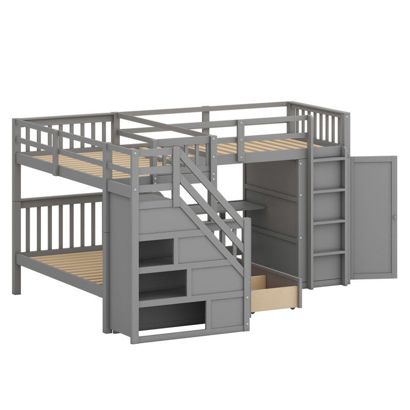 Lit superposé en L avec tiroirs intégrés, bureau mobile et garde-robe intégré, Gris