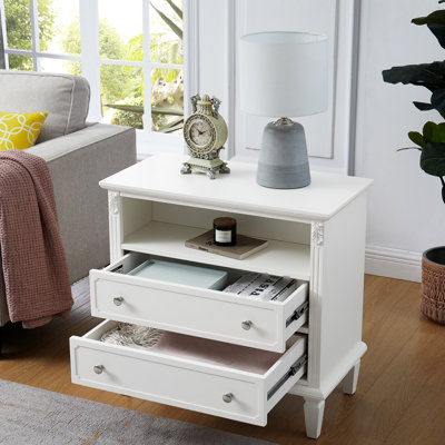 Table de chevet blanche avec rangement et rangement: 2 tiroirs, espace ouvert, pieds en bois massif, prises de table de chambre à coucher