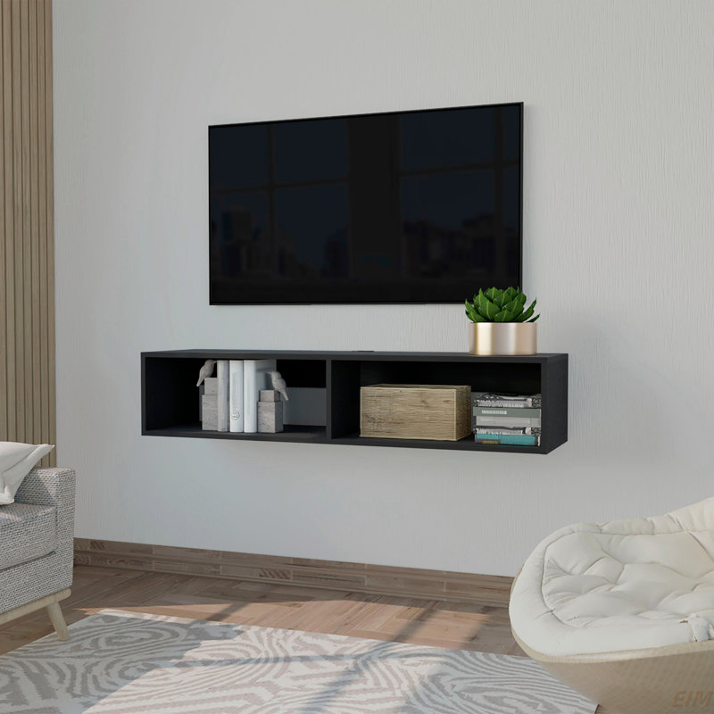 2-Shelf Central Floating Media Rack, Black, 10" H x 47.7" W x 12.6" D