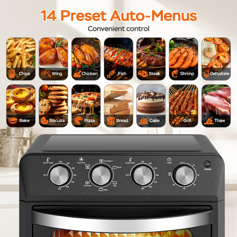 Air Fryer Oven 27.5QT, 6-in-1 Countertop Convection Oven, Air Fry, Bake, Broil, Toast, Warm, Dehydrate, 4 Knob Control, 1600W, Family Size for Crispy Cooking, Black