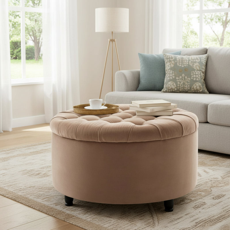 Repose-pieds capitonné classique avec rangement, bouton rond de 28 po de largeur avec couvercle amovible
