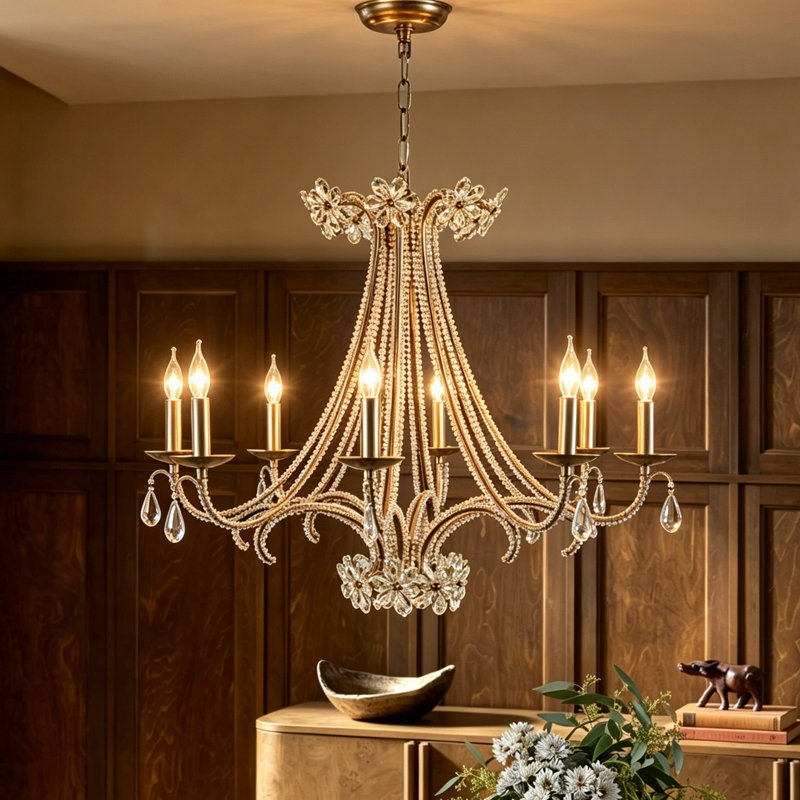 Lustre traditionnel style bougie 6/8 lumières avec détails en cristal Liora , 8 lumières, H 24,4 po x l 31,4 po x P 31,4 po