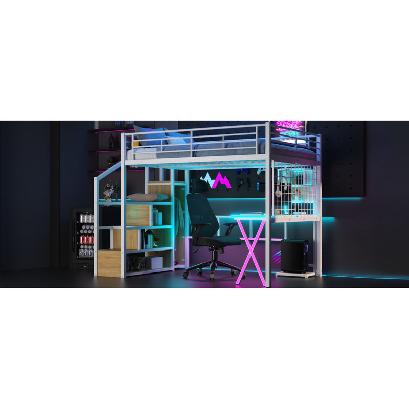 Lit mezzanine en métal avec poste de travail, tablette de rangement, garde-robe et DEL - Créez une chambre à coucher, un rangement et un poste de travail efficaces