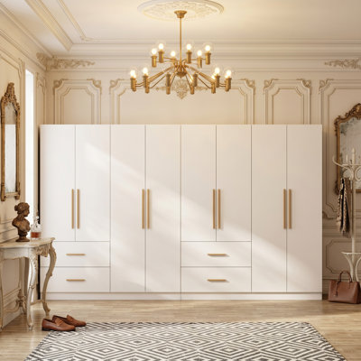 Modern White 8-Door 4 Drawers Wood Wardrobe with Soft Close 