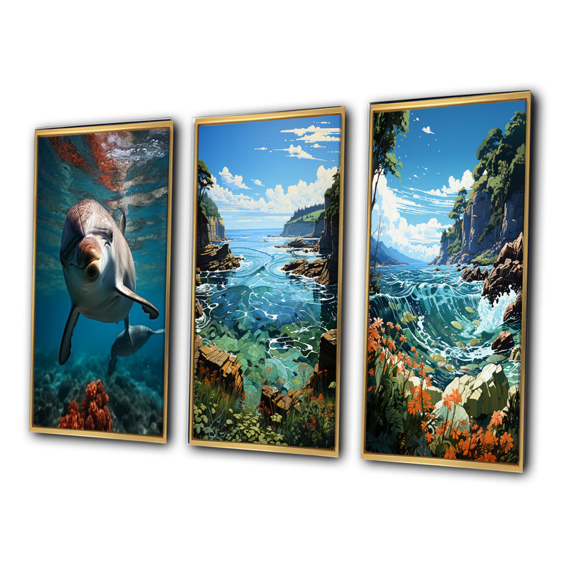 «Dolphin Serene Swim», 3 pièces sur toile, Encadrement doré, H 32 po x l 48 po