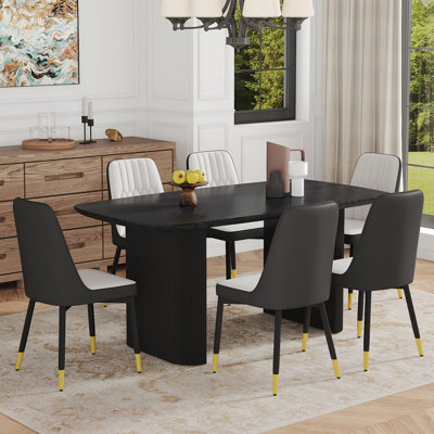 Ensemble de table et de chaises 71 po x 35,4 po x 30 po Luxueux plateau de table en verre à motif Pandora avec pieds en panneau de fibres à densité moyenne en forme de C dos à dos.