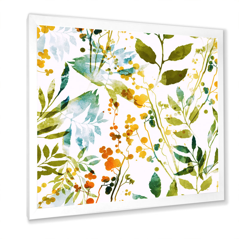 Fleurs printanières et feuilles sur fond blanc - peinture sur toile, H 16 po x l 16 po, Cadre photo blanc